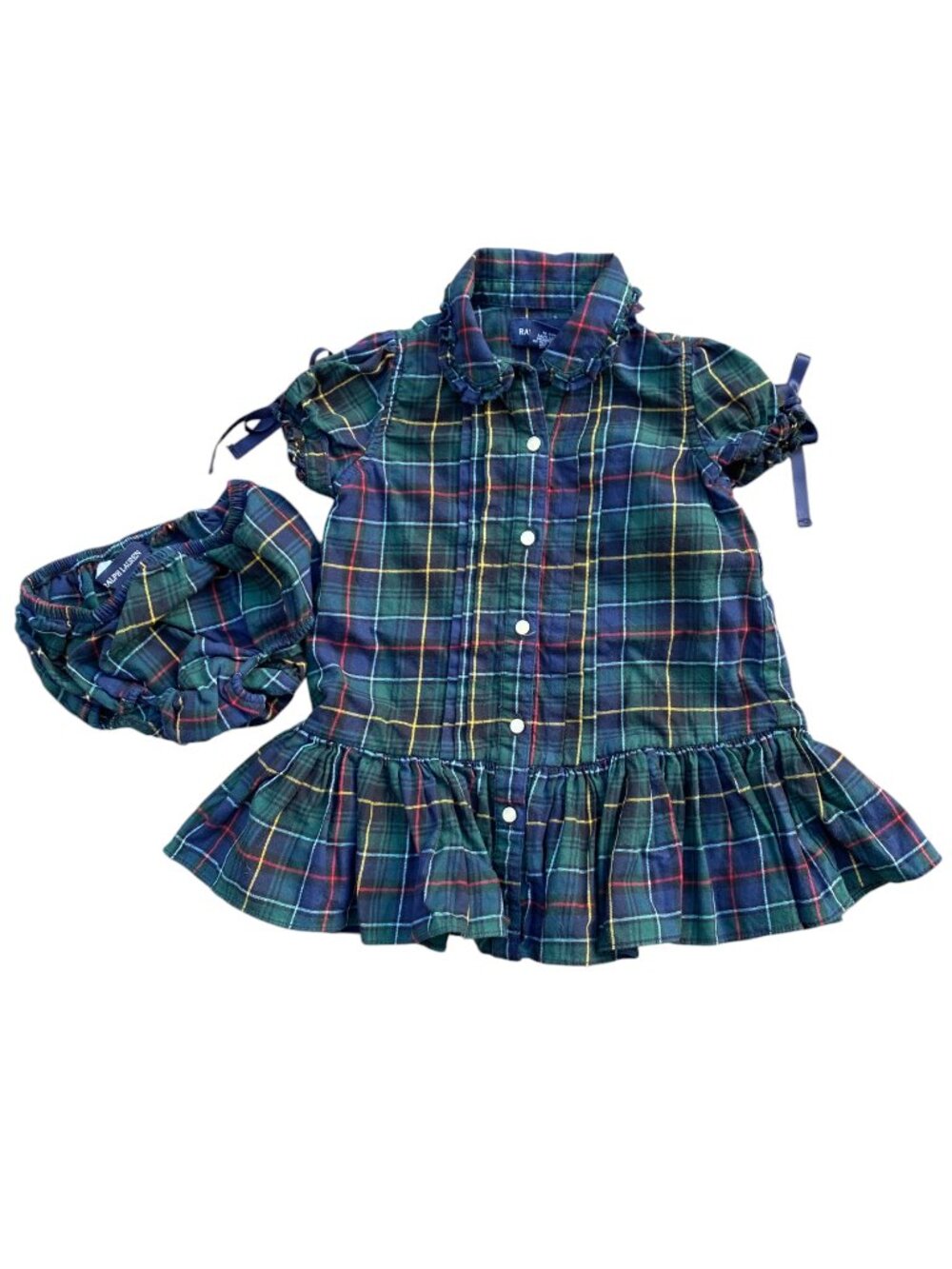 Ralph Lauren Blue Label Baby Tartan Plaid Dress Set Bloomer Green Navy Cotton-12